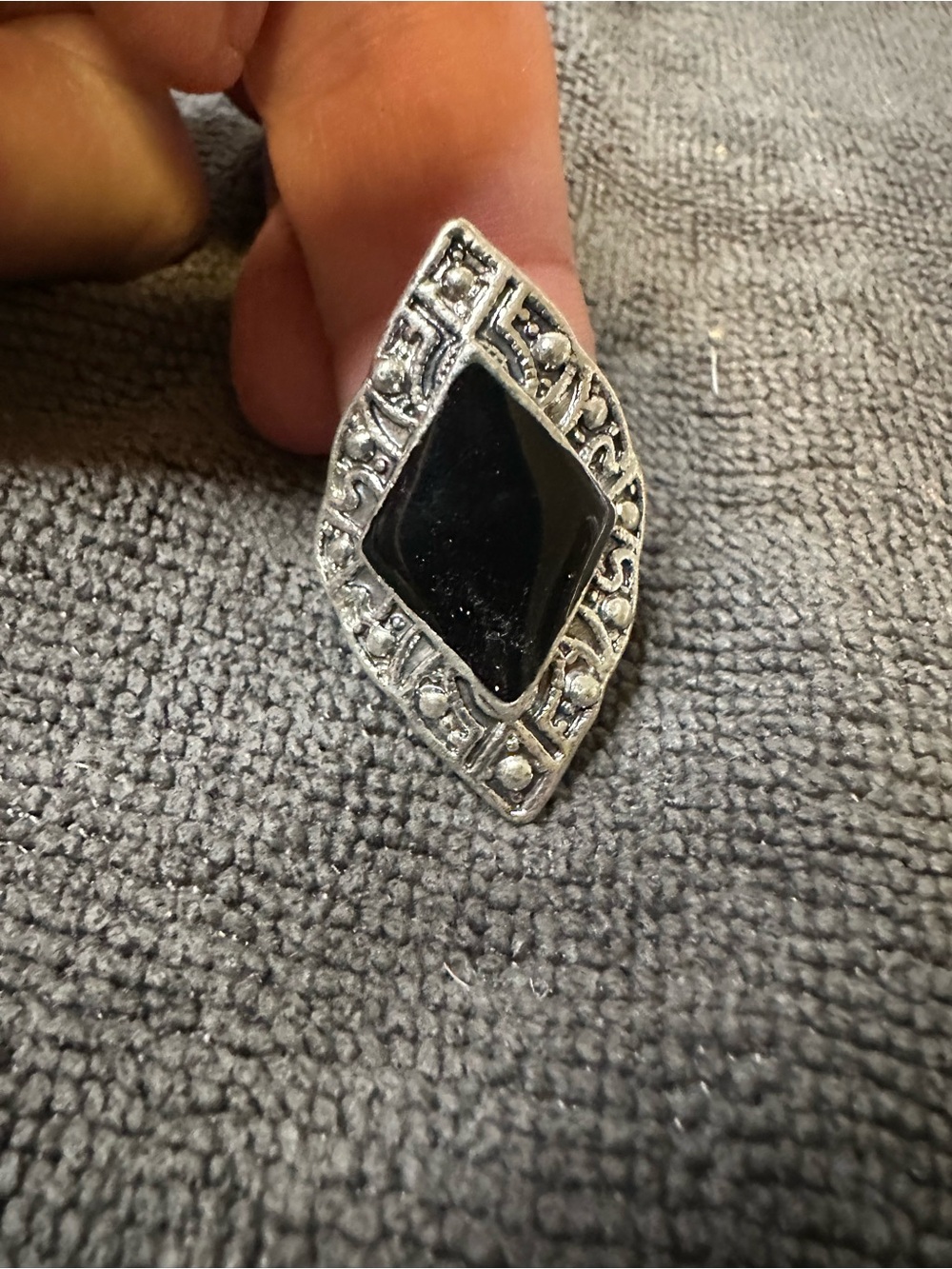 Silver-Tone Signet Ring with Black Stone